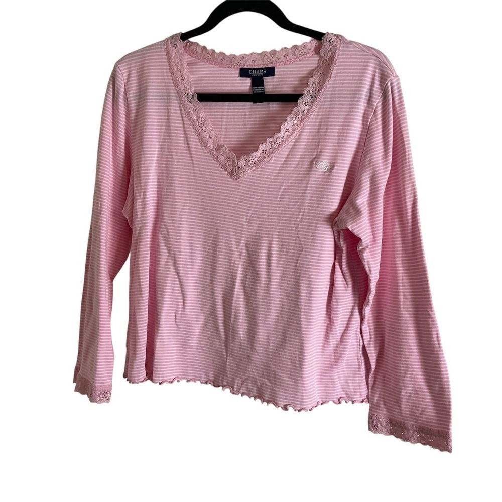CHAPS SZ XL pink/white Stripe Long Sleeve Shirt W/ Lace Top Blouse